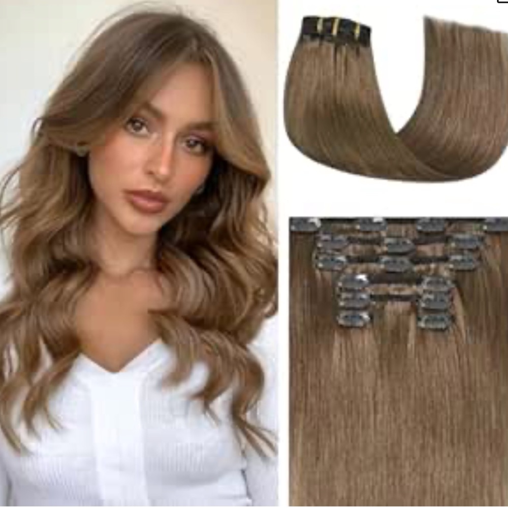 Honsoo 18” Clip In Human Hair Extensions 70g 7pc Ash Brown #8 (Worn Once)